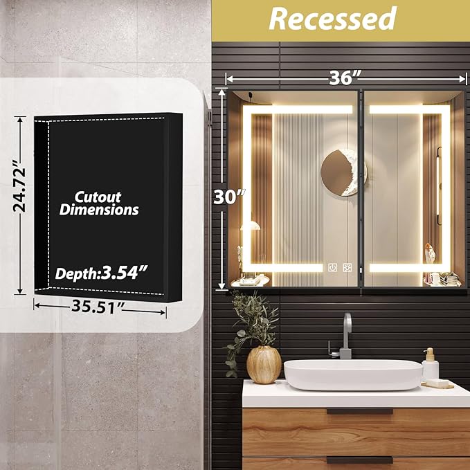 APRILSOUL 36X30 Inch Black Bathroom Medicine Cabinet with Mirror, Recessed or Surface Lighted Medicine Cabinet with 3 Colors Temperature, Dimmable Light