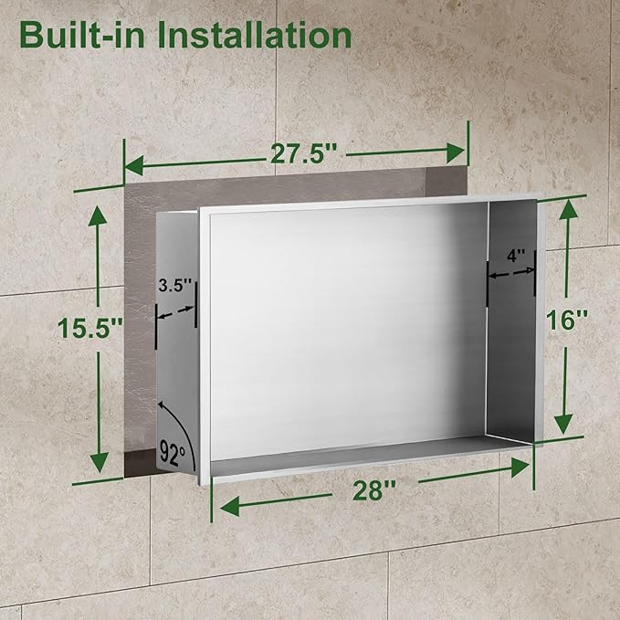 Shower Niche, Stainless Steel Elegant Bathroom Niche, No Tile Needed Recessed Shower Shelf Organizer for Storage