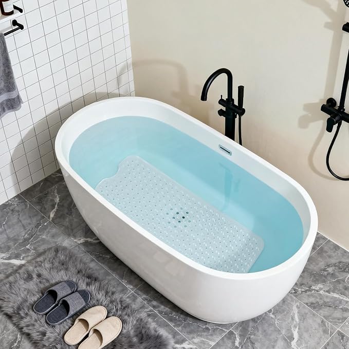 Anti-Slip Bathtub Shower mat, 39.3×15.7 inch（Approximately 100 × 40cm） Soft Oversized Machine Washable Non-Slip Bathtub mat with Drainage Holes, Bathroom Floor Suction Cup.（1-Clear White）