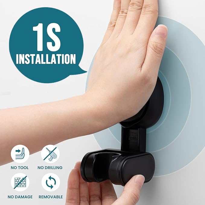 TAILI Shower Head Holder Suction Cup, Handheld Shower Head Bracket, Height Angle Adjustable Wall Mounted, Bathroom Showerhead Holder No Drilling Removable Waterproof, Black