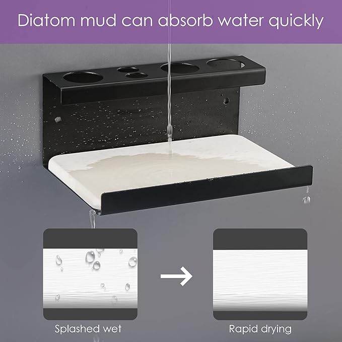 Electric Toothbrush Countertop Holder with Diatomite Stone - Bathroom Sink Organizer or Wall-Mounted Rack, Compatible with Philips Sonicare, Oral-B (Black)