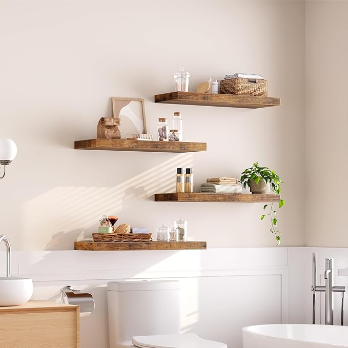 Floating Shelves for Wall, 1.5" Thick Wall Shelf Set of 4 with Invisible Brackets, 23.6L x 7.9W Hanging Shelves Farmhouse Home Decor for Bathroom, Living Room, Bedroom, Rustic Brown 6301BJP4BF