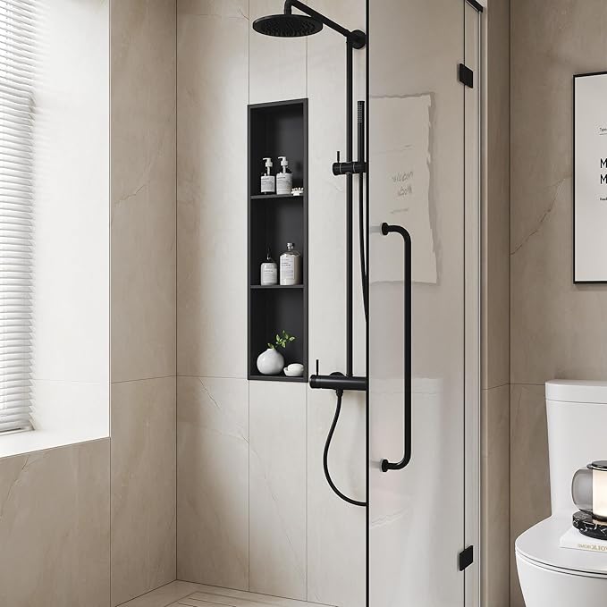Neodrain 8X36 Inch Matte Black Three Layers Shower Niche, Stainless Steel NO Tile Needed Recessed Shelf for Bathroom Storage, 3-Tier Recessed Built-in Wall Niche
