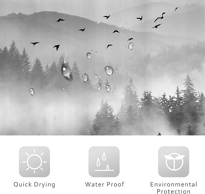 Riyidecor Extra Long Black and White Shower Curtain 72Wx84H Inch Misty Nature Mountain Tree Foggy Scene Alpine Natural Botanical View Pine Wood Bathroom Decor Fabric Polyester Waterproof 12 Pack Hooks