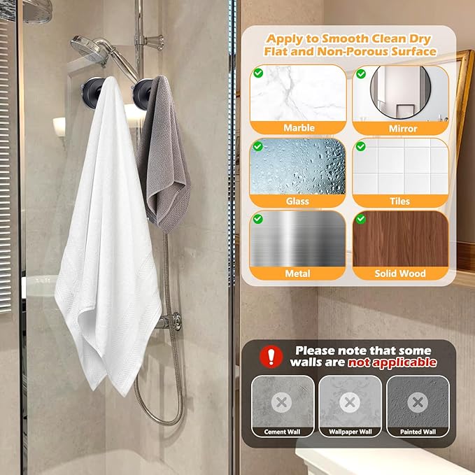 YOHOM Suction Cup Hooks for Shower Wall Bathrooms Towels Hook for Glass Door Heavy Duty (Black, 2 PCS)