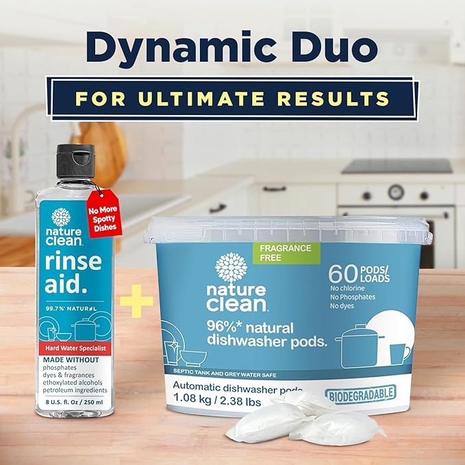 Nature Clean All Natural Dishwasher Rinse Aid Cleaner, Liquid Dishwasher Rinse Agent for Spot-Free Glass & Cutlery in Hard Water, Non Toxic Dish Washer Rinse Aid & Stain Remover, 8 oz/250ml, Pack of 3