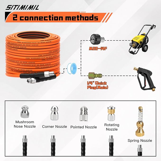 Sewer Jetter Kit for Pressure Washer 150FT,5800psi Drain Cleaner Hose 1/4 Inch Npt Corner, with 5 Sewer Jetting Nozzles Sealing Tape Pearl Corsage Pin Spanner Glove Drain Snake