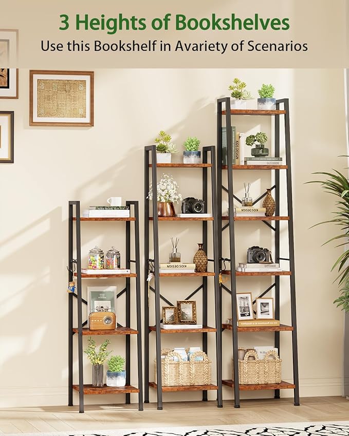Furologee 4 Tier Ladder Bookshelf Narrow, Metal Wooden Ladder Shelf Bookcase with 2 Hooks, Small Rustic Brown Bookshelves Free Standing, Skinny Leaning Book Shelves for Bedroom Bathroom Living Room