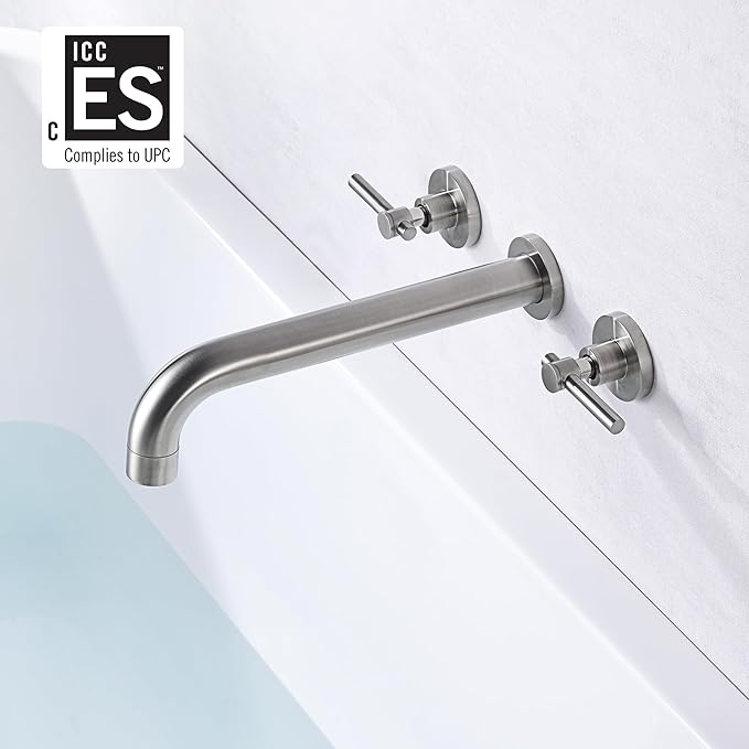 Wall Mount Tub Filler Faucet Brushed Nickel High Flow Bathtub Faucet Two Handles Solid Brass, Long Spout Reach, sumerain