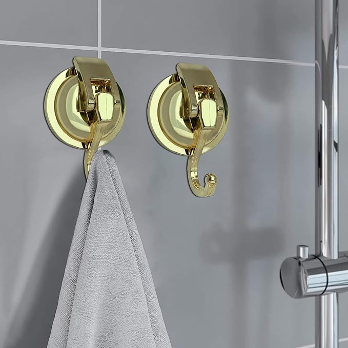 Heavy Duty Vacuum Suction Shower Hooks Glass Suction Cup Bathroom Robe Hooks, Reusable, No Hole Punched, for Garland Decoration (Gold, 6 Pack)