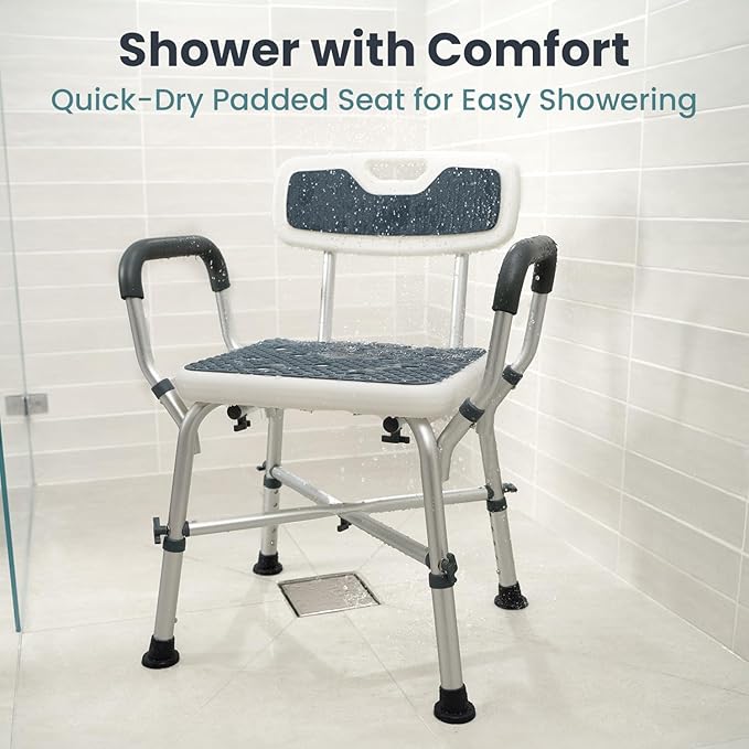 PELEGON Shower Chair for Elderly and Disabled (450lb) with Padded Armrests and Back, Adjustable Height Shower Seat, Heavy Duty Shower Chairs for Inside Shower, Handicap - Blue
