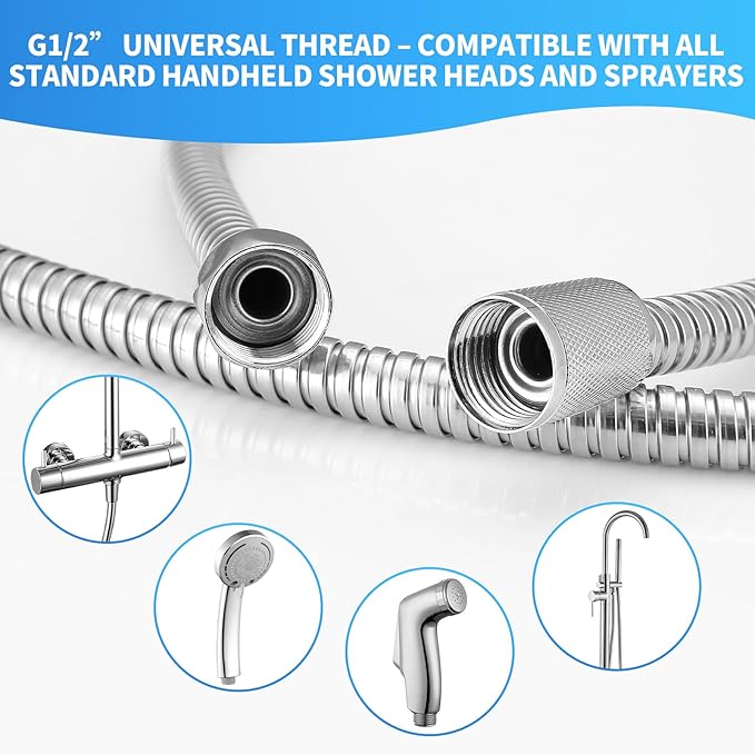 98" Metal Shower Hose Replacement Handheld Kink Free Stainless Steel Shower Head Wand Hose Extension Extra Long with Brass Insert and Nut, Durable & Flexible for Pet Bathing Cleaning