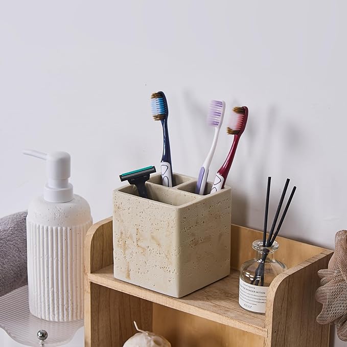 Natural Travertine Textures Toothbrush Holders for Bathroom, Electric Toothbrush and Toothpaste Holder 3 Slots Tooth Brush Organizer for Bathroom Countertop, Shower, Vanity