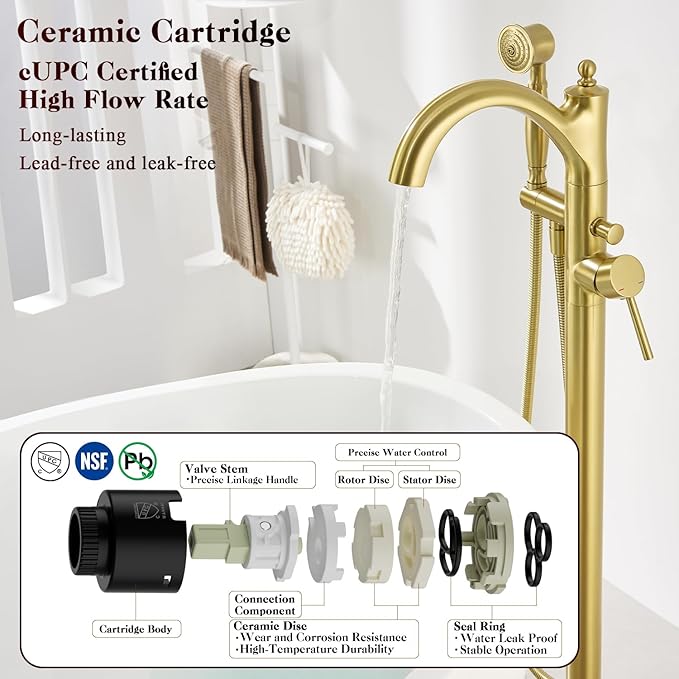 Free Standing Tub Faucet, High Flow Rate Brushed Light Gold Classic Freestanding Tub Faucets with Hand Shower Brass Floor Mount Tub Filler （WT-9002BGZZ）