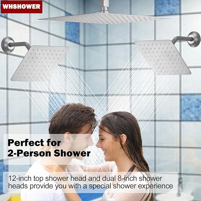 Brushed Nickel Shower System with 12+8+8" Three Top Shower Heads, Full Body Shower System with Temperature Display,Handheld Sprayer and Body Jets Shower Set