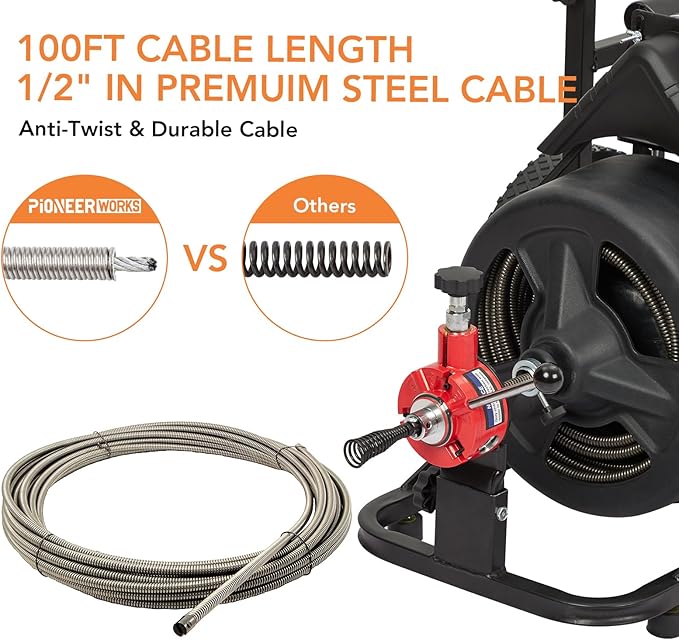 Heavy Duty Electric Drain Cleaner Machine, 100 Ft x 1/2 Inch Sewer Snake, 370w Auto-Feed, 6 Interchangeable Cutters, Gloves, Portable Pipe Cleaning Tool for 2-4 Inch Pipes