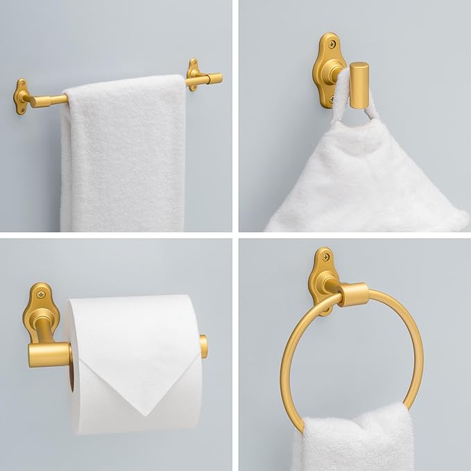 Franklin Brass Calloway 4-Piece Bathroom Set Satin Gold 18" + 6" Towel Rack, Toilet Paper Holder, Hand Towel Holder, Hook | 4-Piece Bath Hardware Accessories Set CLWY64-SG