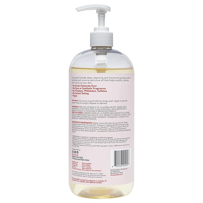 Dr. Natural Invigorating Rosewater Body Wash - Dry Skin Moisturizing Natural Body Wash with Shea Butter and Coconut Oil - For Family and Pets - 32 oz
