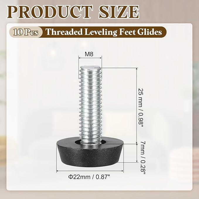 PATIKIL 10 Pcs M8 x 25mm Thread Adjustable Furniture Levelers, Furniture Feet Levelers Screw on Steel Screw in Threaded Leveling Feet Glides for Table Chair Cabinet Patio Legs
