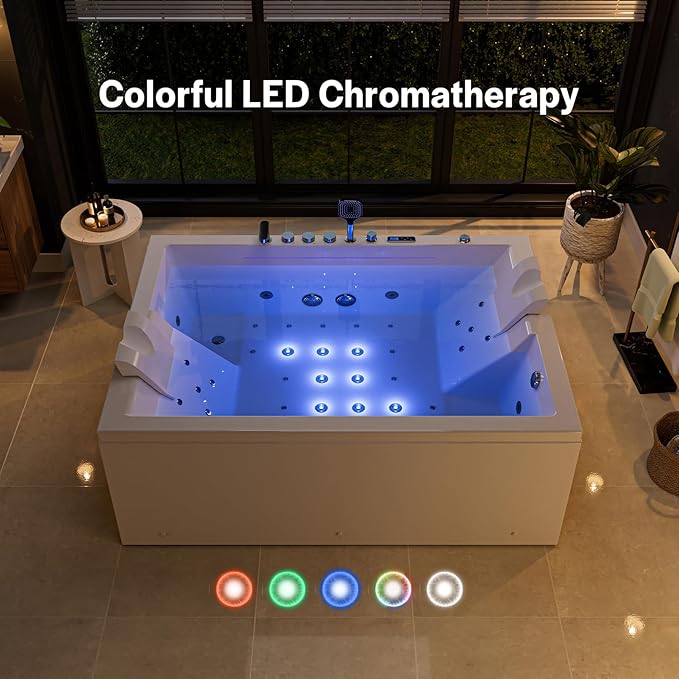 Empava PRO Series 71"x51" Jetted Bathtub, Alcove Spa Tub | 16 Hydro + 24 Air Jets, Chromotherapy & Waterfall | Thermostatic Control, Rectangular Acrylic Whirlpool Bathtub, White (ETL Certified)