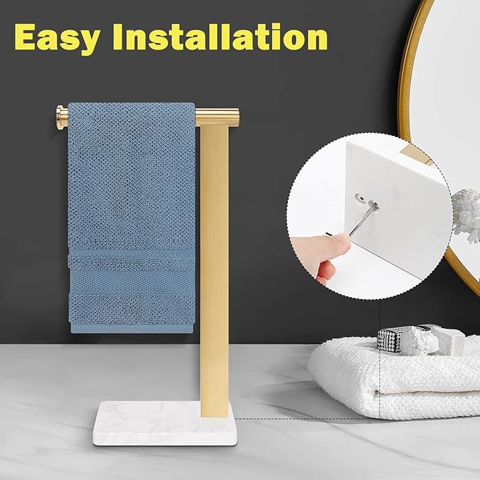 Stainless Steel L-Shaped Hand Towel Holder, SUS304 Bathroom Towel Rack with Thickened Base for Countertop Vanity (Gold, Square Base)