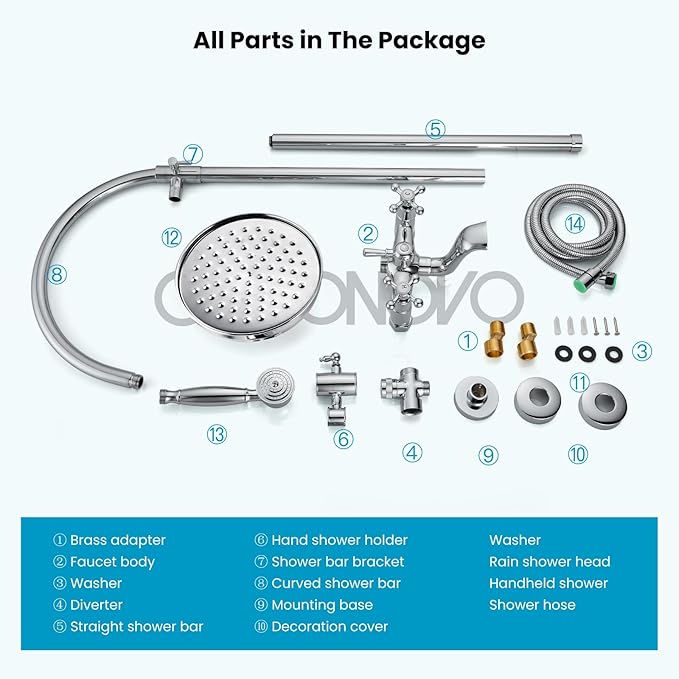 gotonovo Exposed Bathroom Shower System Classic Shower Kit 8 Inch Luxurious Rainfall Shower Head Handheld Spray Tub Filler Brass Pipe 3-Function Wall Mount Double Cross Knobs Polished Chrome