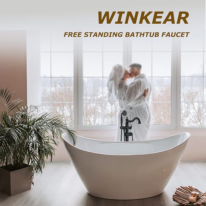 Freestanding Floor Mount Tub Filler with Handheld Shower Roman Bathtub Faucet by Matte Black Finish, Swivel Spout with Brass Rough-in and Water Hose