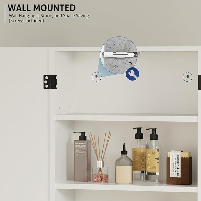 eclife 24" Bathroom Medicine Cabinet W/Mirror, Double Doors Bathroom White Wall Mount Mirror Cabinet, Hanging Triple Shelf Storage Cabinet Opens Left and Right