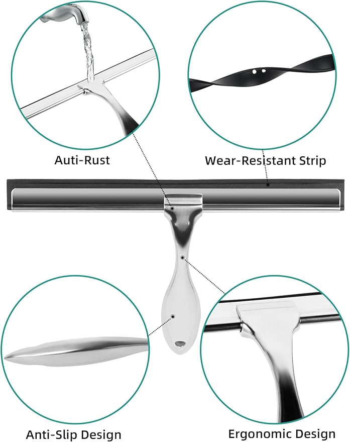 All-Purpose Stainless Steel Shower Squeegee Come with S Hook, 2 Square Sticky Hook 2 Rubber Strips Shower Squeegee for Glass Doors, Windows, Mirrors, Tiles and Car Glass -10 Inches Silver