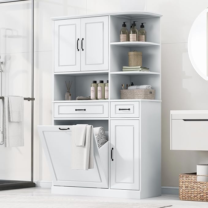 70" Tall Freestanding Storage Cabinet with Drawers, Doors, Adjustable Shelves & Flip Drawer, Modern Wood Organizer for Bathroom, Laundry Room, Office, White