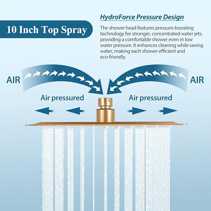 Brushed Gold Square Shower Head with Handheld Set, Rainfall Shower System Modern Wall Mounted Shower Faucet for Bathroom 10 inch (With Shower Valve)