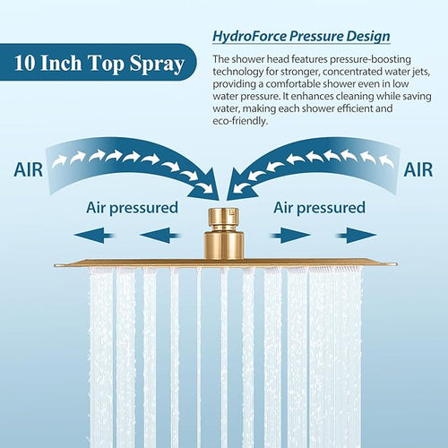 10 inch Square Shower Head and Handheld Set, Gasecoet Shower System with Tub Spout Wall Mounted Shower Faucet for Bathroom - Brushed Gold (With Shower Valve)