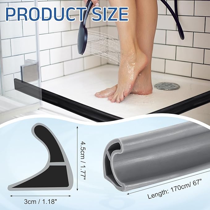 uxcell Shower Water Barrier, 67" TPE Splash Guard Shower Water Stopper Retention System for Bathtub Sink Washing Machine Dry and Wet Separation, 1.18"W x 1.77"H, Gray