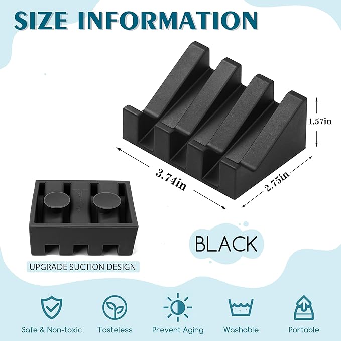 Silicone Soap Dish with Drain, Upgrade Double Suction Cups at The Bottom for Anti-Slip and Stability, Soap Dish Shower Waterfall Bar Soap Holder Tray with Drain Soap Holder (4, Black)