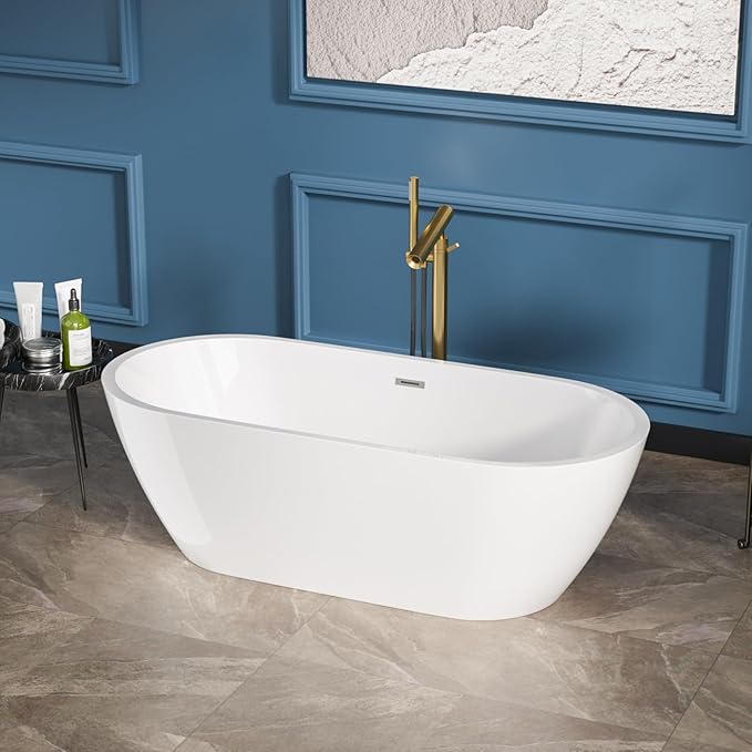 Sarlai 67 Inch Acrylic Freestanding Soaking Bathtub Contemporary Soaking White Tub Stand Alone Ergonomic Bathtub with Chrome Drain and Overflow
