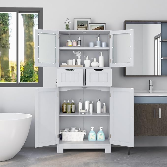 COSTWAY Tall Bathroom Storage Cabinet, Freestanding Storage Organizer with Glass Doors, 2 Drawers & 2 Adjustable Shelves, Wooden Linen Floor Cabinet for Bathroom, Living Room, Kitchen (White)