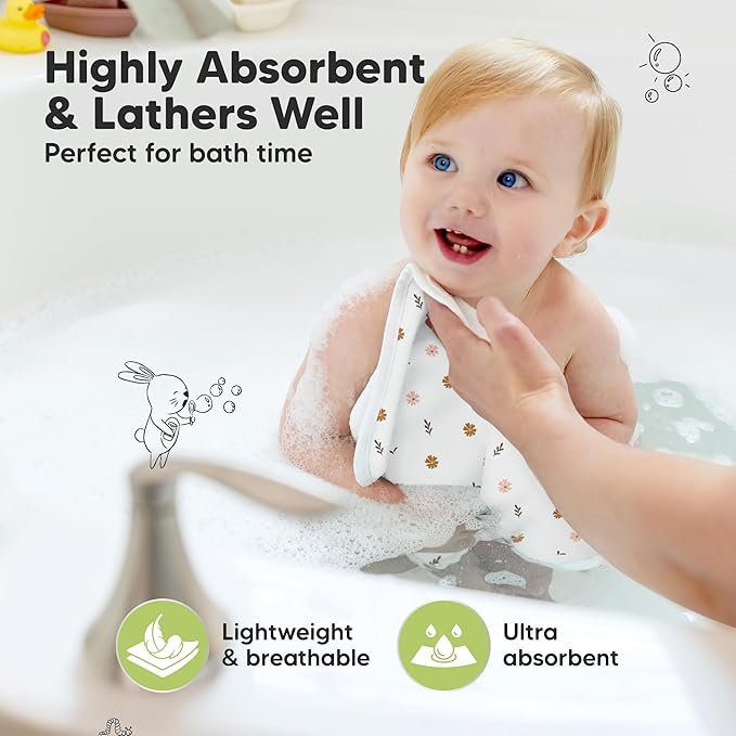 6-Pack Cotton Baby Washcloths for Newborn - Organic Cotton Muslin Soft Wash Cloths for Babies, Infant, Kids, Toddler Towels for Boy, Girl, Super Absorbent Face Cloths, Scratch-Free Baby Rags (Petals)