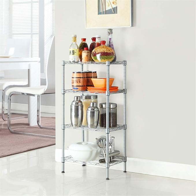 4 Tier Storage Racks Shelving, Heavy Steel Pantry Shelves, Adjustable Wire Shelving Rack, Suitable for Garage, Kitchens, Offices, 14" W x 10" D x 31" H, Silver