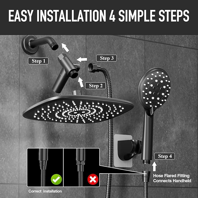Veken 10 Inch Rain Shower Head with Handheld, High Pressure Rainfall Showerhead Combo with 5 Handheld Water Spray Modes for Bathroom Accessories, Home Decor, Detachable Dual Shower Heads, Matte Black