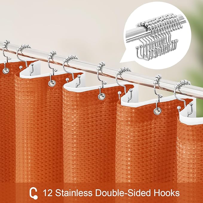 3 in 1 Shower Curtain Set, Burnt Orange Waffle Shower Curtain and PEVA Liner Set with 12 Stainless Steel Shower Curtain Hooks, Waterproof Shower Curtains for Bathroom, 72 W x 72 H