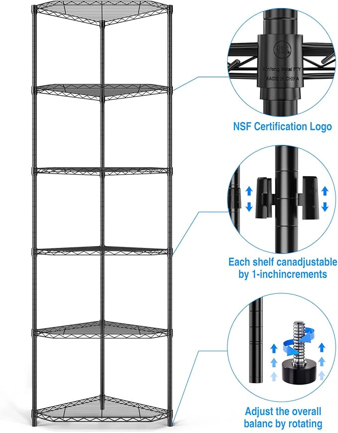 Black 6 Tier NSF Metal Pentagonal Corner Wire Shelving Units, 600lbs Storage Rack with Feet for Kitchen, Utility Room, Warehouse, 72" H x 20" L x 20" W