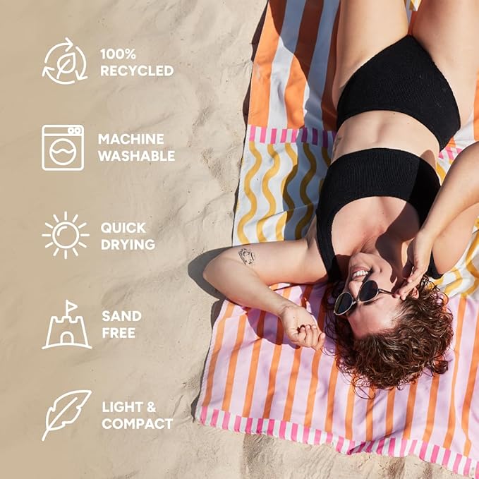 Dock & Bay Beach Towel - Quick Dry, Sand Free - Compact, Lightweight - 100% Recycled - Includes Bag - Lemonade Waves - Large (160x90cm, 63x35)