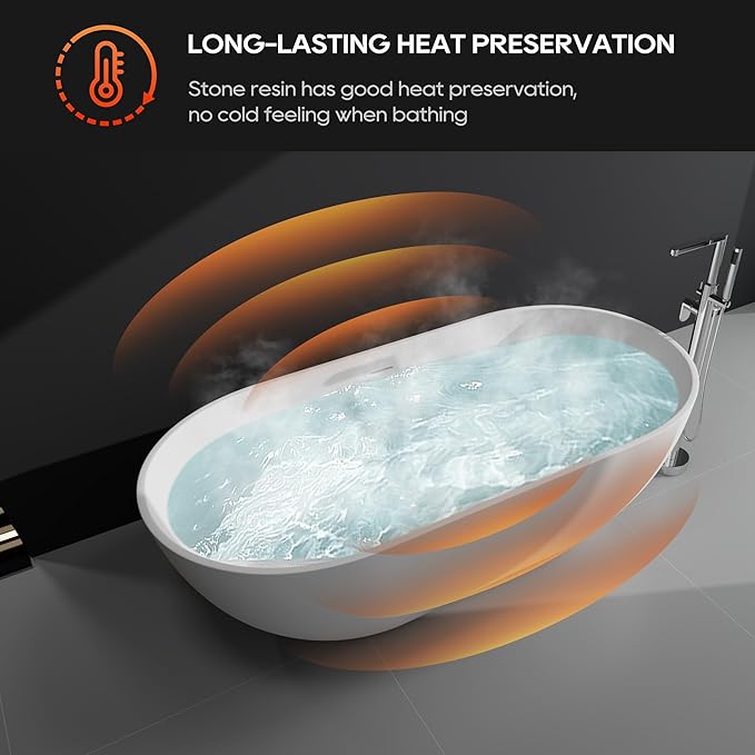 SJ STAR&JANE 69" Solid Surface Freestanding Bathtub, Matte White Oval Stone Resin Soaking Tub Stand Alone Tub with Overflow and Pop-up Drain for Modern Bathrooms