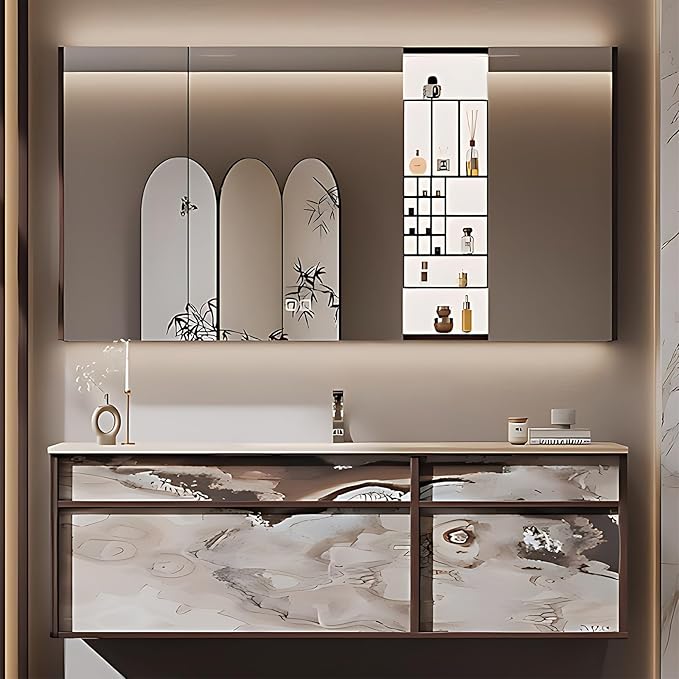 48IN Modern Bathroom Vanity with Sink - Bathroom Vanity with Drawer Organizer, LED Mirror Lights & Defogging Function | Wall - Mounted Vanity with Silver Sink Faucet