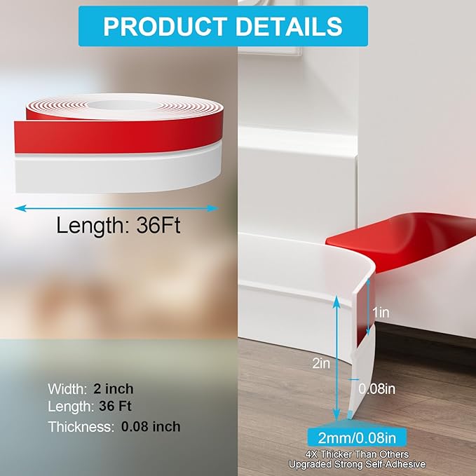 Heavy-Duty 2Inch (W) x 36FT(L) Door Weather Stripping, Extra Thick 2mm Door Draft Stopper Silicone Seal Strip, Draft Seal Tape for Doors Windows and Shower Glass Gap