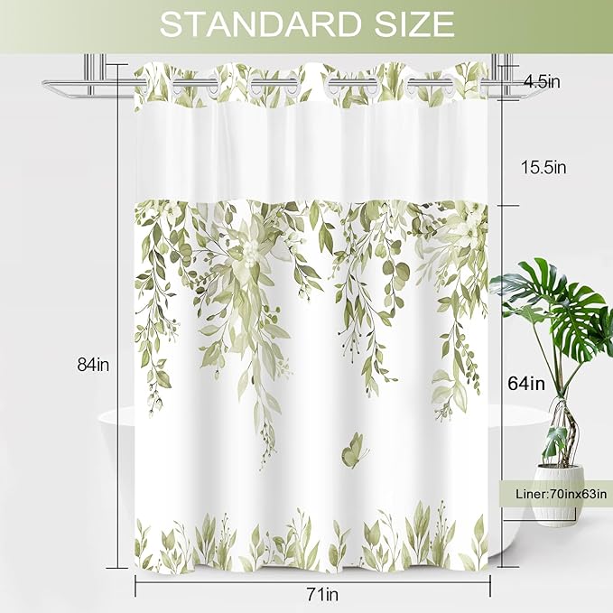 No Hook Shower Curtain and Liner Set, Beige Eucalyptus Floral Shower Curtains for Bathroom, Bath Curtain Sets with Snap in Liner, Waterproof with See Through Top Window, 71x84 Inches