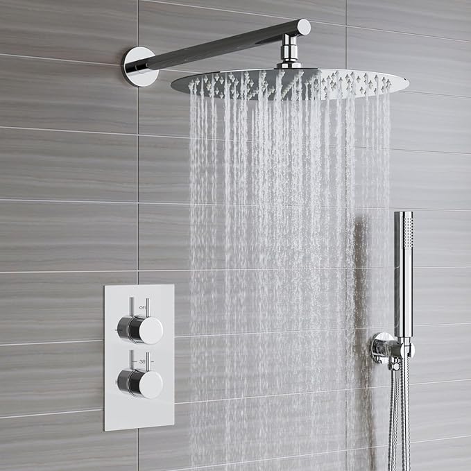 Voolan 15" Round Shower Arm with Flange and Teflon Tape, Extension Shower Head Arm for Bathroom Fixed Shower Head, Solid Stainless Steel, Wall Mounted (Chrome)