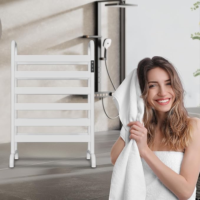 Towel Warmer Rack, Electric Heated Towel Rack for Bathroom, Freestanding Adjustable Temperature 110–170°F with Timer & Overheat Protection, Large Aluminum Towel Heater, 12 Fast Heating Bars