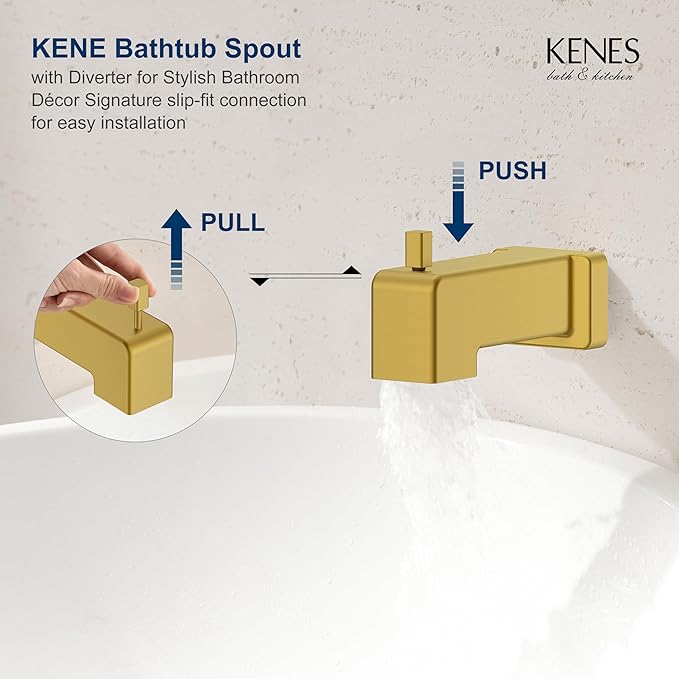 KENES Brushed Gold Tub and Shower Trim Kit, Square Tub Shower Faucet Set Complete with 10-Inch Rainfall Shower Head and Tub Spout, KE-6024A-4 (Shower Valve Included)