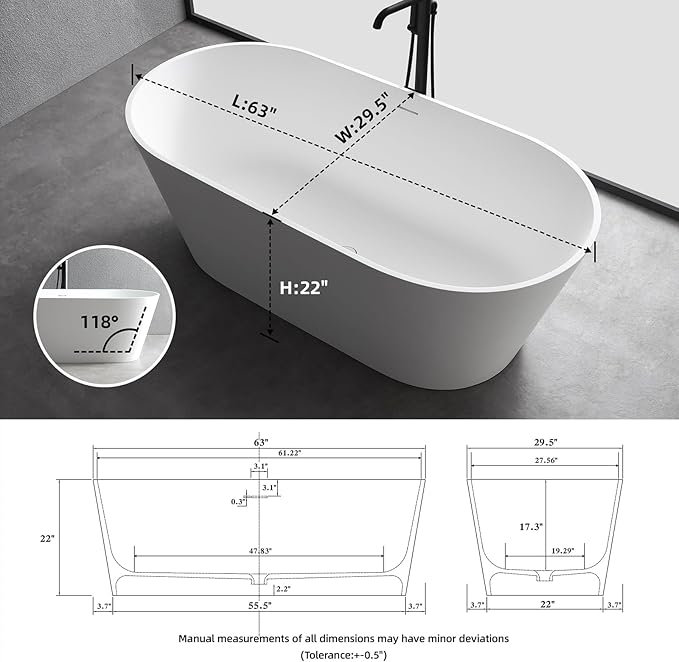 63'' Freestanding Bathtub Solid Surface Matte Bathroom Bathtub Soaking Tubs Resin Stone Bathtubs Oval Soak Tubs with Overflow and Pop-up Drain - White…